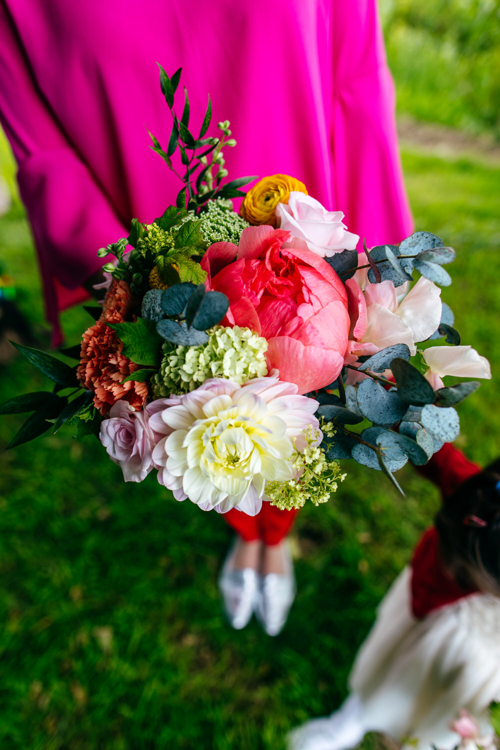 Bouquet Flowers Bridesmaid Colourful Pom Poms Peonies Ranunculus Craspedia Alliums Protea Pink Orange Ash Barton Estate Wedding Jordanna Marston Photography