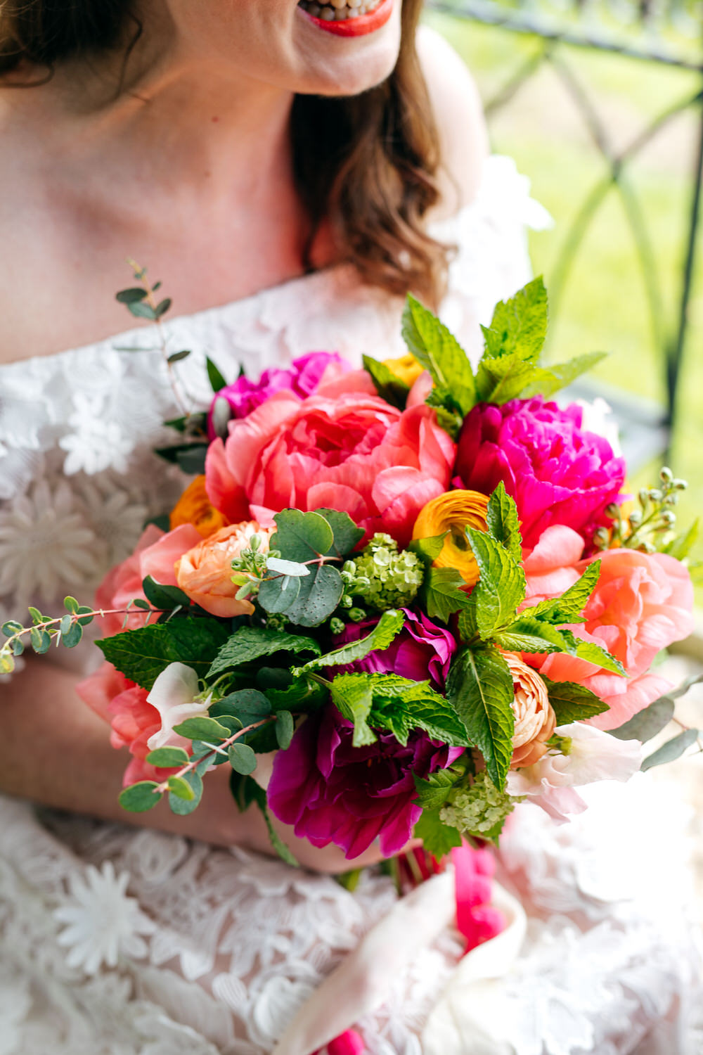 Bouquet Flowers Bride Bridal Colourful Pom Poms Peonies Ranunculus Craspedia Alliums Protea Pink Orange Ash Barton Estate Wedding Jordanna Marston Photography