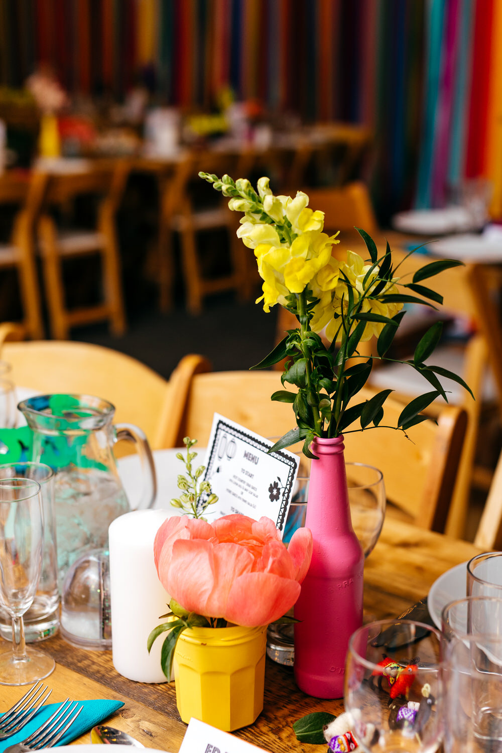 Painted Bottle Flowers Decor Table Centrepiece Rainbow Ash Barton Estate Wedding Jordanna Marston Photography