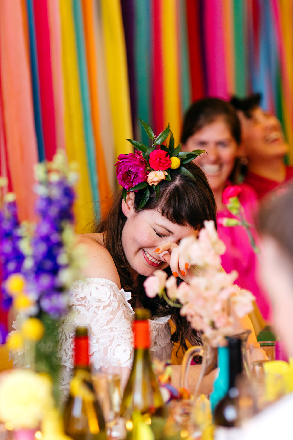 Rainbow Colourful Ribbon Backdrop Ash Barton Estate Wedding Jordanna Marston Photography