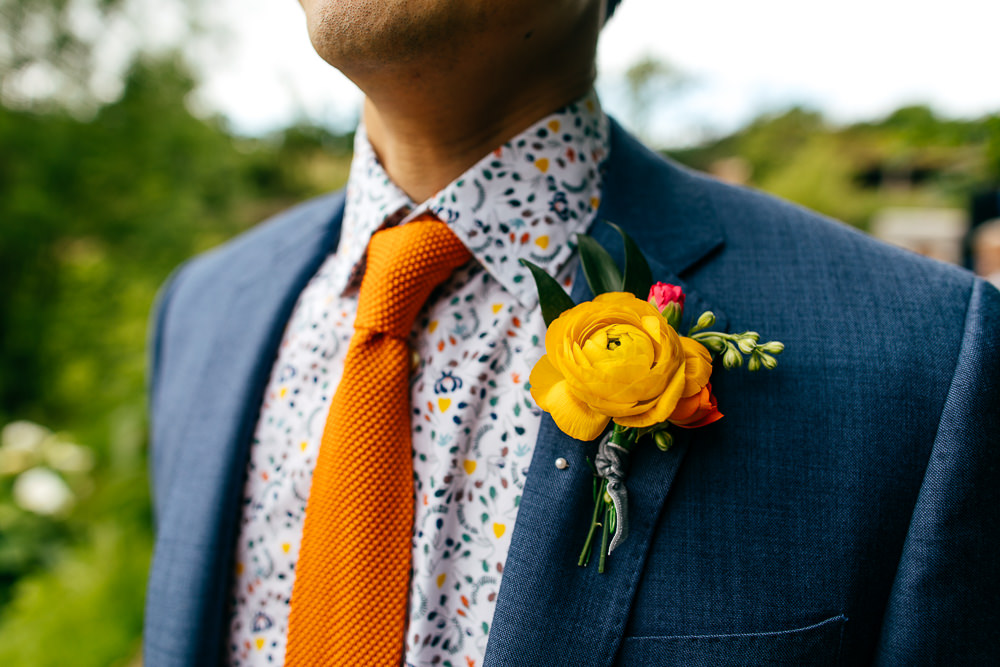 Groom Suit Orange Tie Floral Shirt Ranunculus Yellow Buttonhole Ash Barton Estate Wedding Jordanna Marston Photography