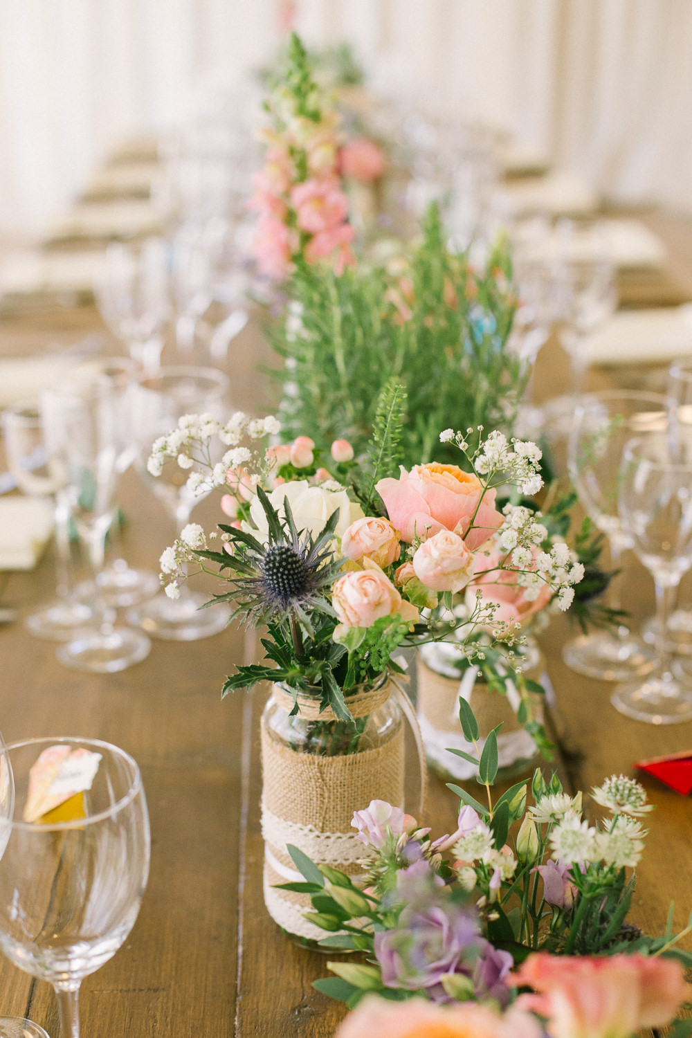 Jam Jar Hessian Burlap Lace Ribbon Flowers Floral Thistle Rosemary Barn At Barra Castle Wedding Ceranna Photography