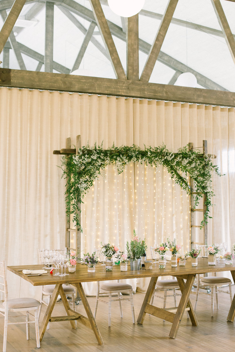 Foliage Greenery Ladder Installation Fairy Light Barn At Barra Castle Wedding Ceranna Photography