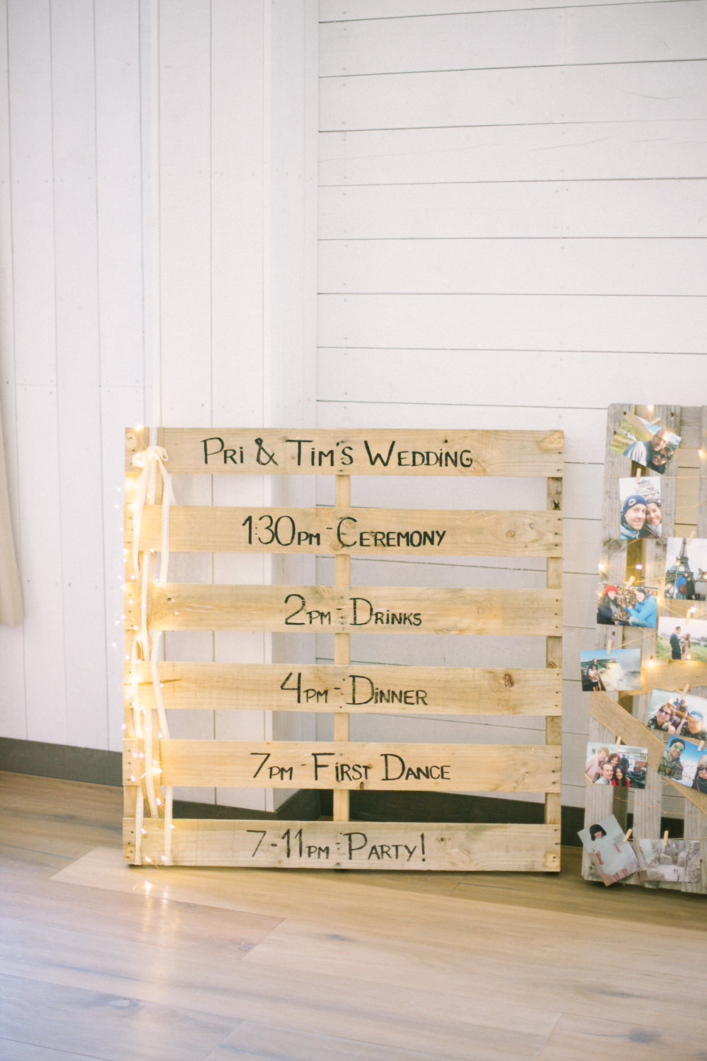 Pallet Sign Timings DIY Wooden Fairy Lights Barn At Barra Castle Wedding Ceranna Photography