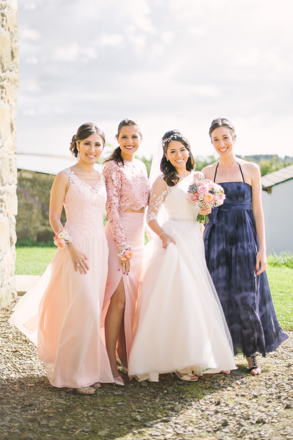 Bride Bridal V Neck Long Sleeve Embroidered Hair Vine Mismatched Bridesmaids Corsage Barn At Barra Castle Wedding Ceranna Photography
