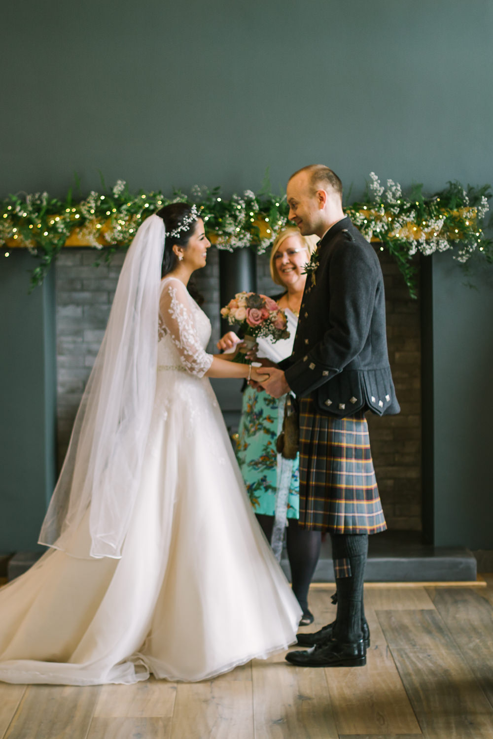 Bride Bridal V Neck Long Sleeve Embroidered Hair Vine Kilt Groom Barn At Barra Castle Wedding Ceranna Photography