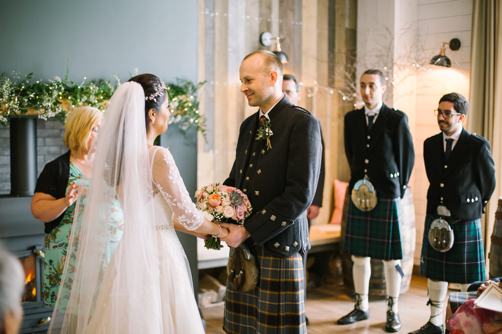 Bride Bridal V Neck Long Sleeve Embroidered Hair Vine Kilt Groom Barn At Barra Castle Wedding Ceranna Photography