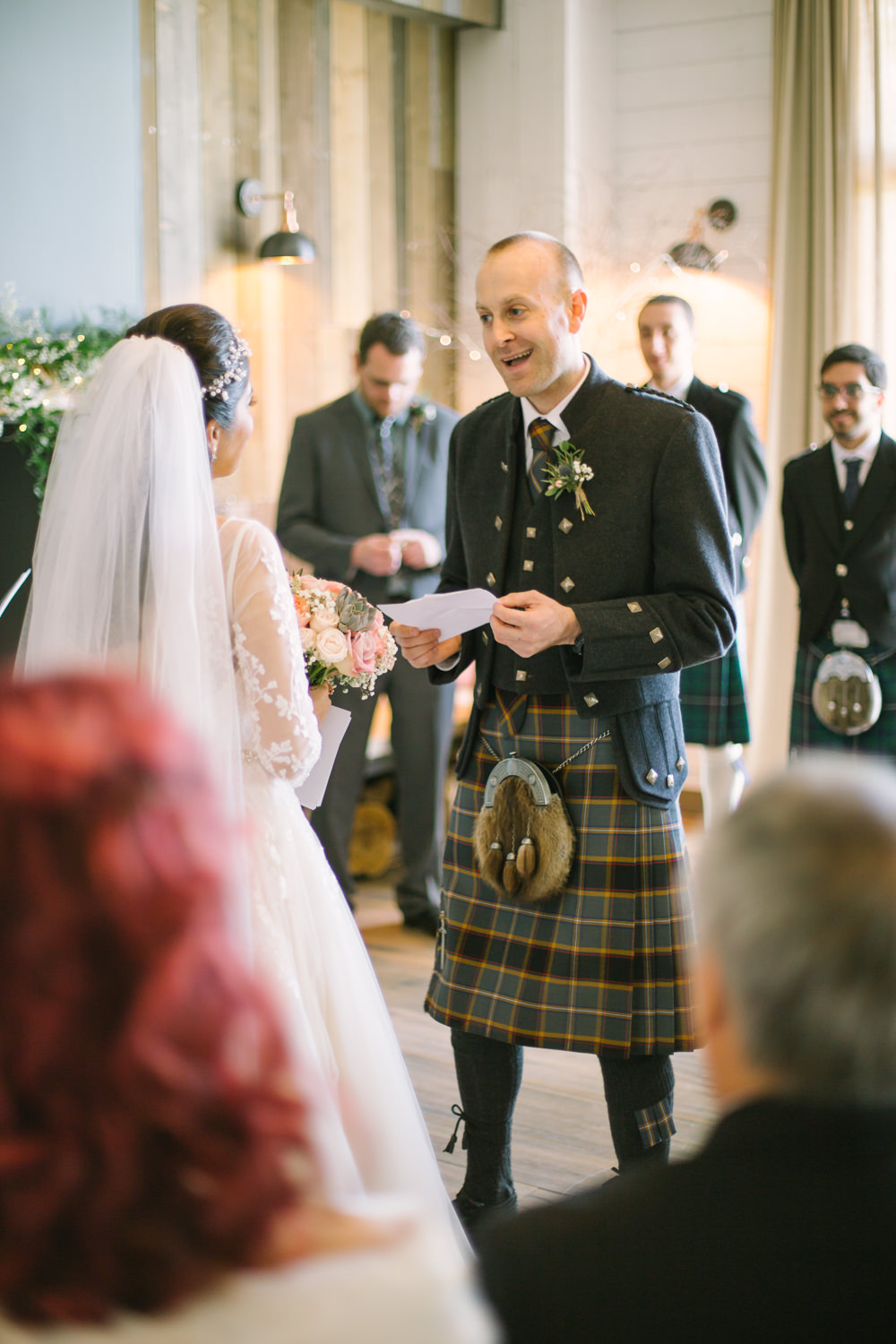 Bride Bridal V Neck Long Sleeve Embroidered Hair Vine Kilt Groom Barn At Barra Castle Wedding Ceranna Photography