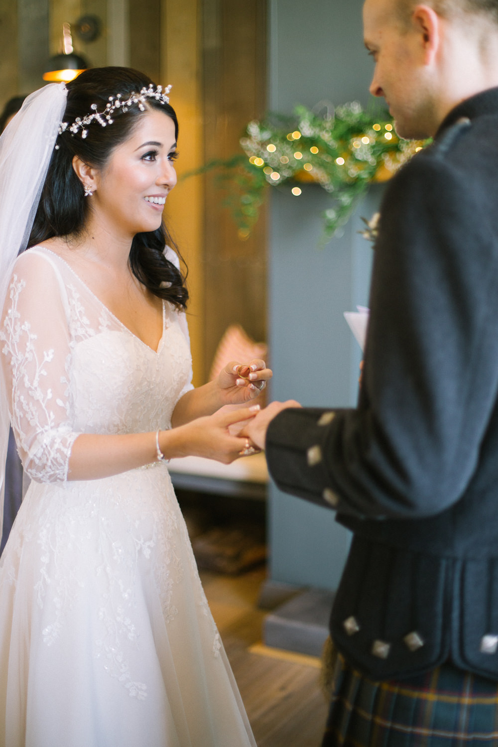 Bride Bridal V Neck Long Sleeve Embroidered Hair Vine Kilt Groom Barn At Barra Castle Wedding Ceranna Photography