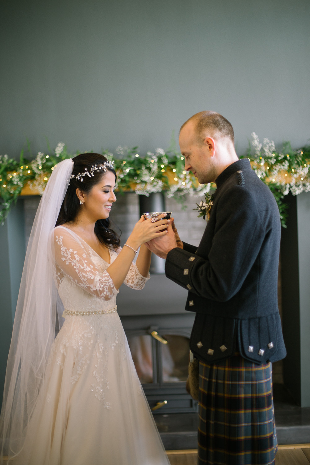 Bride Bridal V Neck Long Sleeve Embroidered Hair Vine Kilt Groom Barn At Barra Castle Wedding Ceranna Photography