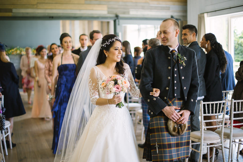 Bride Bridal V Neck Long Sleeve Embroidered Hair Vine Kilt Groom Blush Pastel Flowers Bouquet Barn At Barra Castle Wedding Ceranna Photography