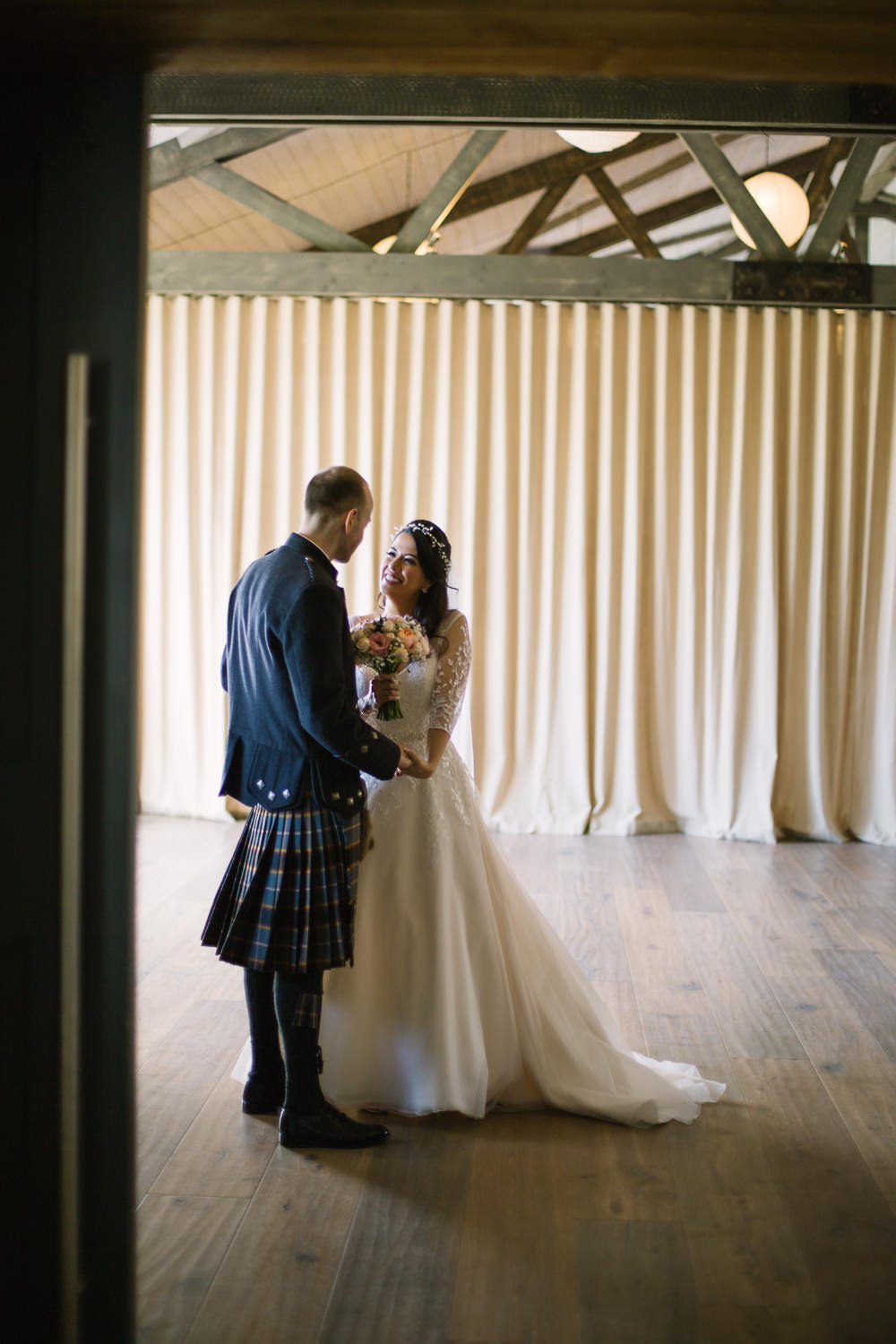 Bride Bridal V Neck Long Sleeve Embroidered Hair Vine Kilt Groom Barn At Barra Castle Wedding Ceranna Photography