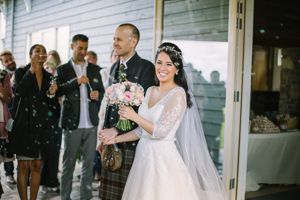 Bride Bridal V Neck Long Sleeve Embroidered Hair Vine Kilt Groom Pastel Blush Bouquet Bubbles Barn At Barra Castle Wedding Ceranna Photography