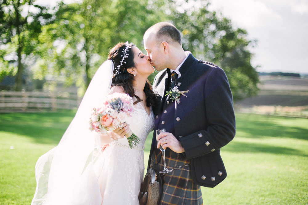 Bride Bridal V Neck Long Sleeve Embroidered Hair Vine Kilt Groom Blush Pastel Bouquet Barn At Barra Castle Wedding Ceranna Photography