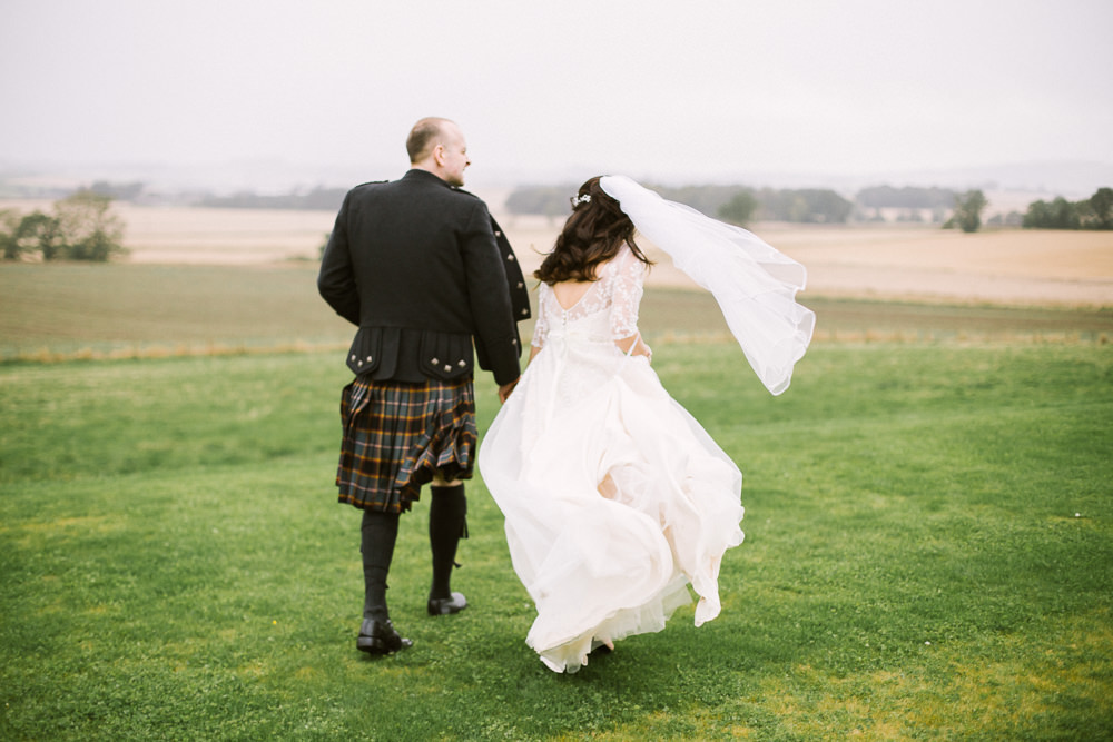 Bride Bridal V Neck Long Sleeve Embroidered Hair Vine Kilt Groom Veil Barn At Barra Castle Wedding Ceranna Photography