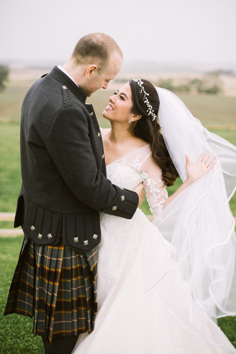 Bride Bridal V Neck Long Sleeve Embroidered Hair Vine Kilt Groom Barn At Barra Castle Wedding Ceranna Photography