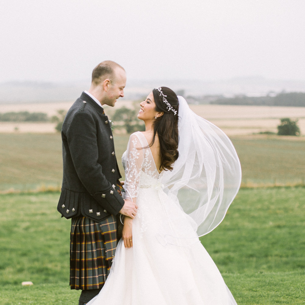 Bride Bridal V Neck Long Sleeve Embroidered Hair Vine Kilt Groom Veil Barn At Barra Castle Wedding Ceranna Photography