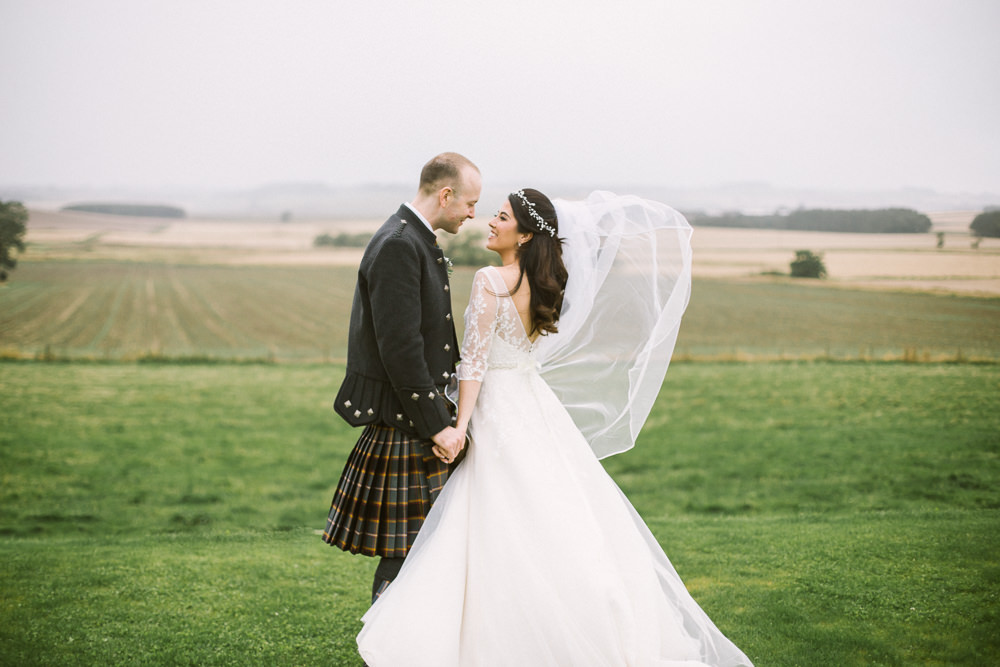 Bride Bridal V Neck Long Sleeve Embroidered Hair Vine Kilt Groom Veil Barn At Barra Castle Wedding Ceranna Photography