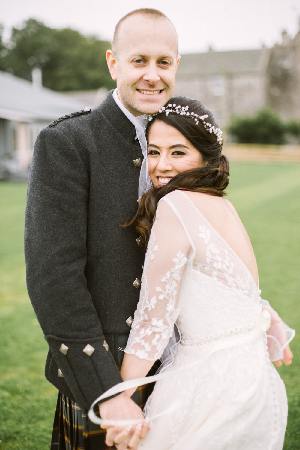 Bride Bridal V Neck Long Sleeve Embroidered Hair Vine Kilt Groom Barn At Barra Castle Wedding Ceranna Photography