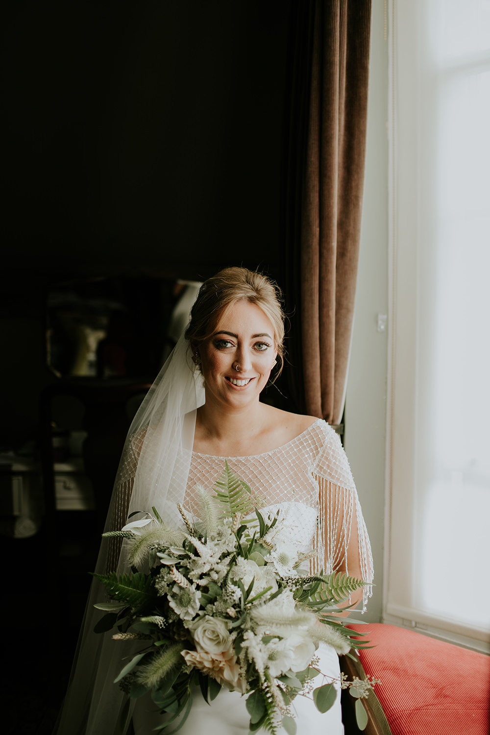 Bride Bridal Bouquet Flowers Greenery Foliage Wheat Fern Rose White Champagne Bell Ticehurst Wedding Irene Yap Photography