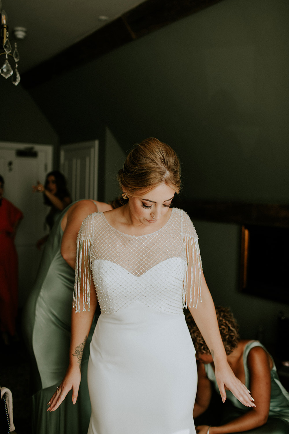Bride Bridal Dress Gown Sottero and Midgley Tassel Sleeves Back Beaded Fringed Bell Ticehurst Wedding Irene Yap Photography