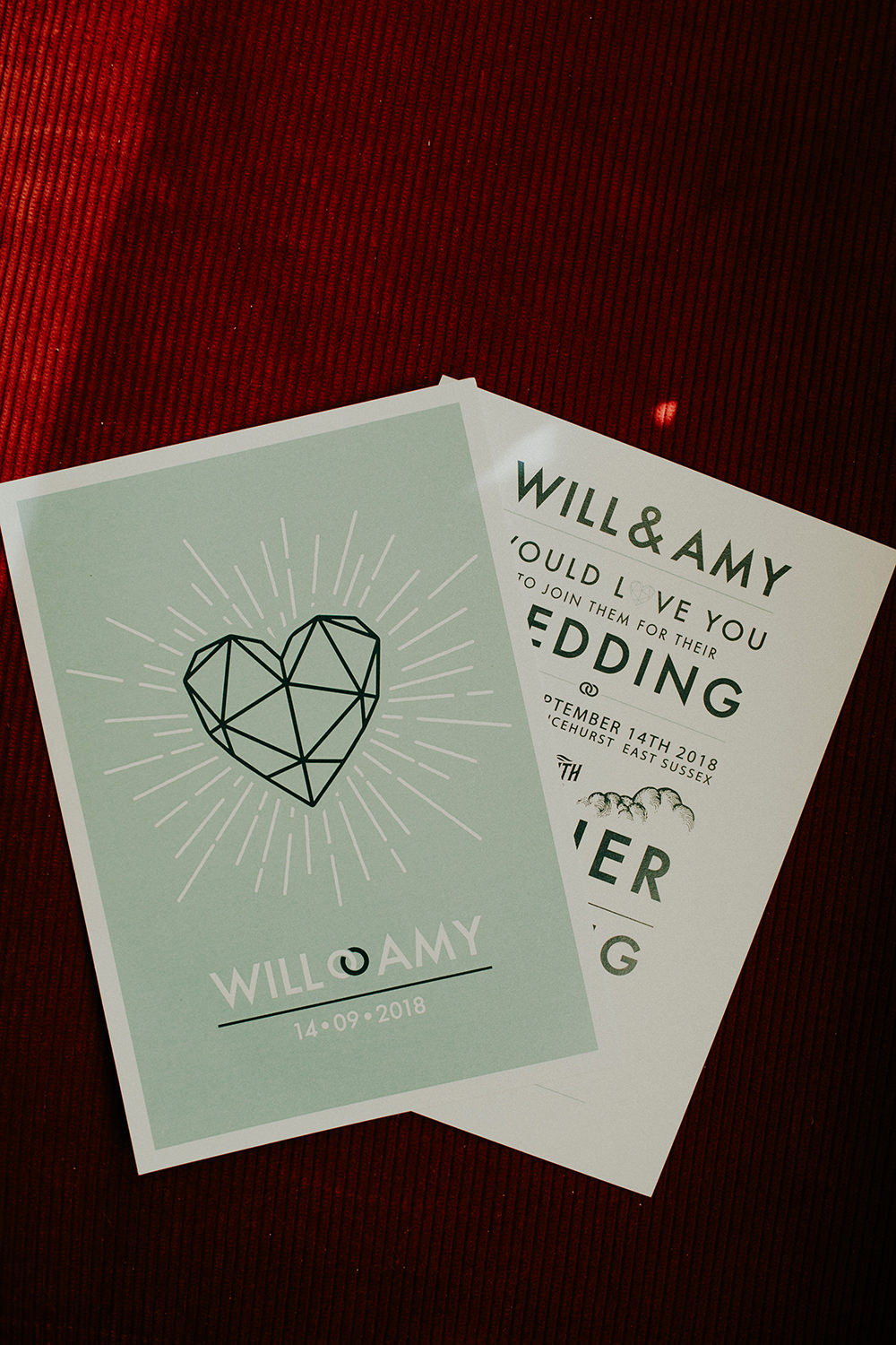 Stationery Invites Invitations Graphic Modern Green Heart Geometric Bell Ticehurst Wedding Irene Yap Photography
