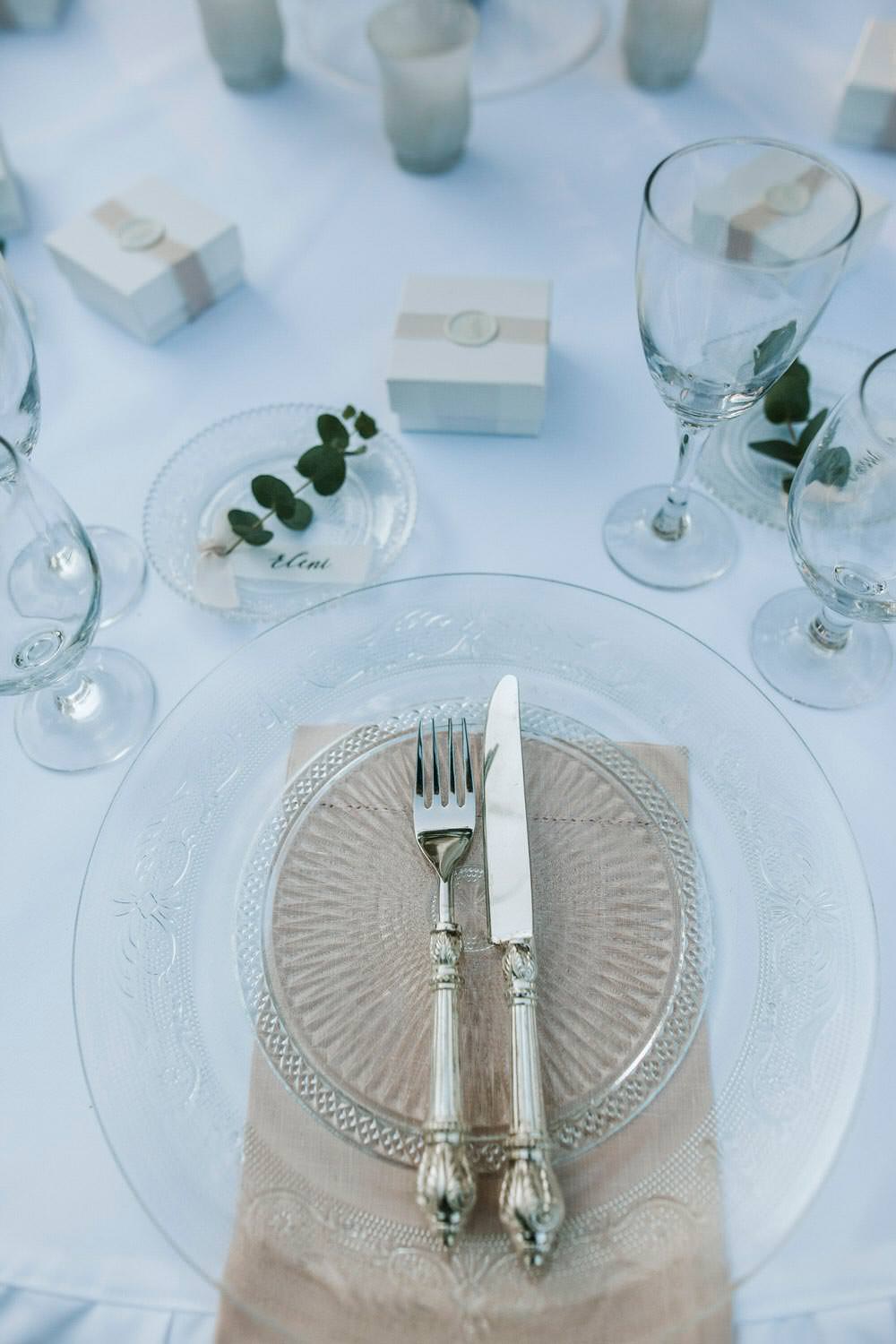 Glass Charger Plates Modern Setting Place Bohemian Beach Greece Destination Wedding Lighthouse Photography