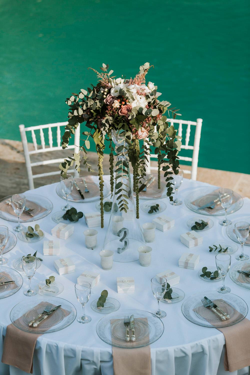Tall Flower Arrangements Centrepiece Greenery Foliages Trailing Bohemian Beach Greece Destination Wedding Lighthouse Photography
