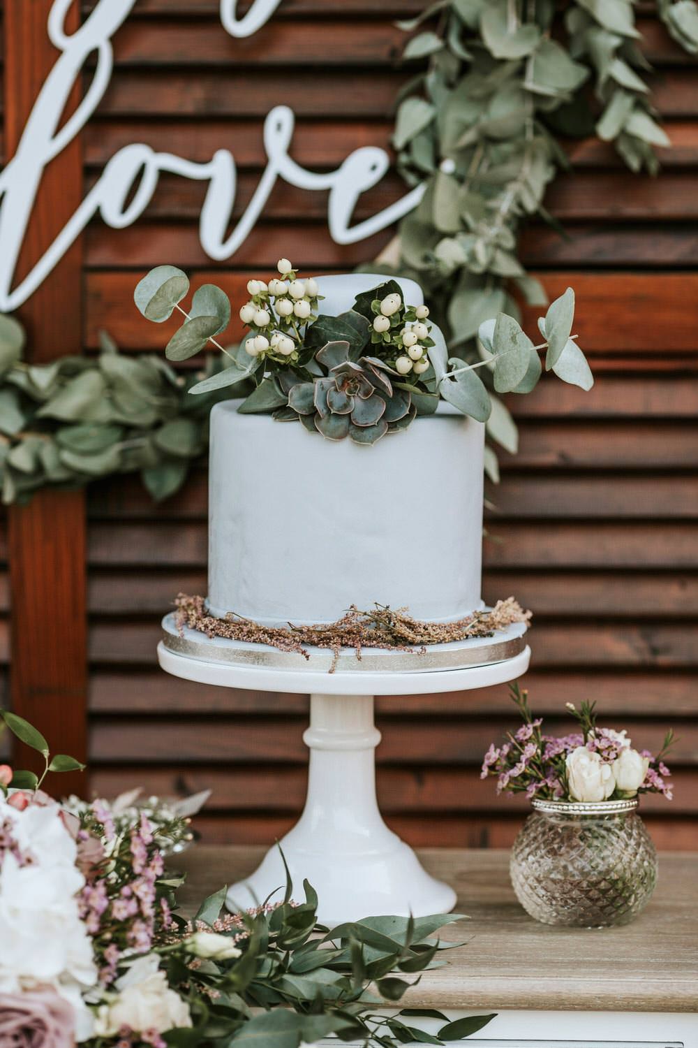 Cake Greenery Foliage Grey Flowers Succulent Stand Bohemian Beach Greece Destination Wedding Lighthouse Photography