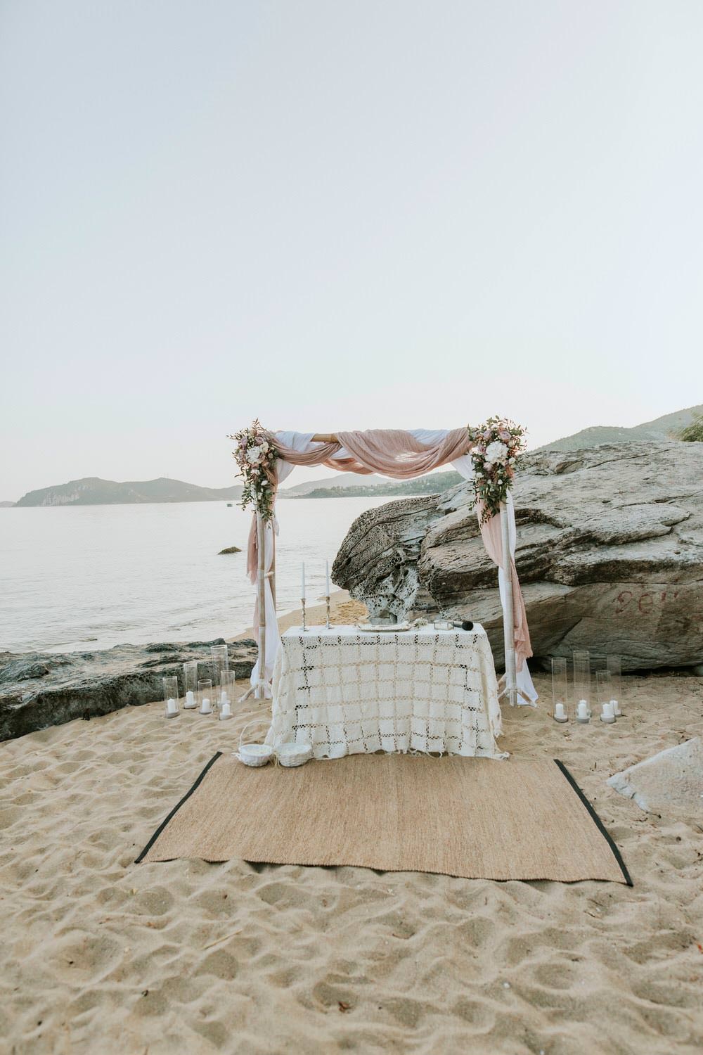 Ceremony Backdrop Aisle Fabric Flowers Arch Bohemian Beach Greece Destination Wedding Lighthouse Photography
