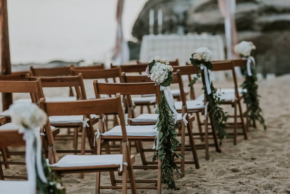 Aisle Ceremony Chair Flowers Bohemian Beach Greece Destination Wedding Lighthouse Photography
