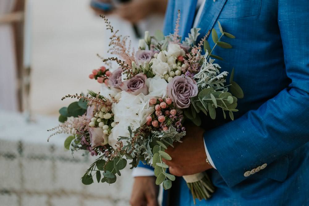 Bouquet Flowers Bride Bridal Pink Greenery Foliage Astilbe Rose Berry Bohemian Beach Greece Destination Wedding Lighthouse Photography