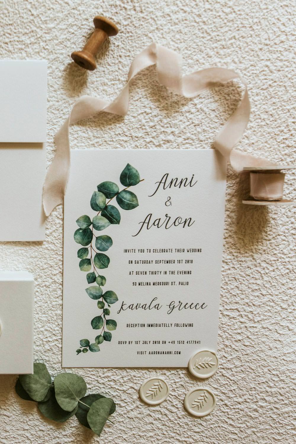 Stationery Invites Invitations Greenery Botanical Ribbons Wax Seal Flat Lay Bohemian Beach Greece Destination Wedding Lighthouse Photography