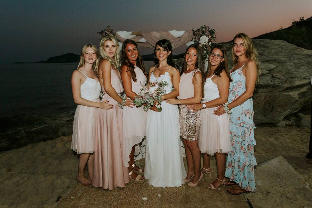 Bridesmaids Pink Blush Dresses Bohemian Beach Greece Destination Wedding Lighthouse Photography