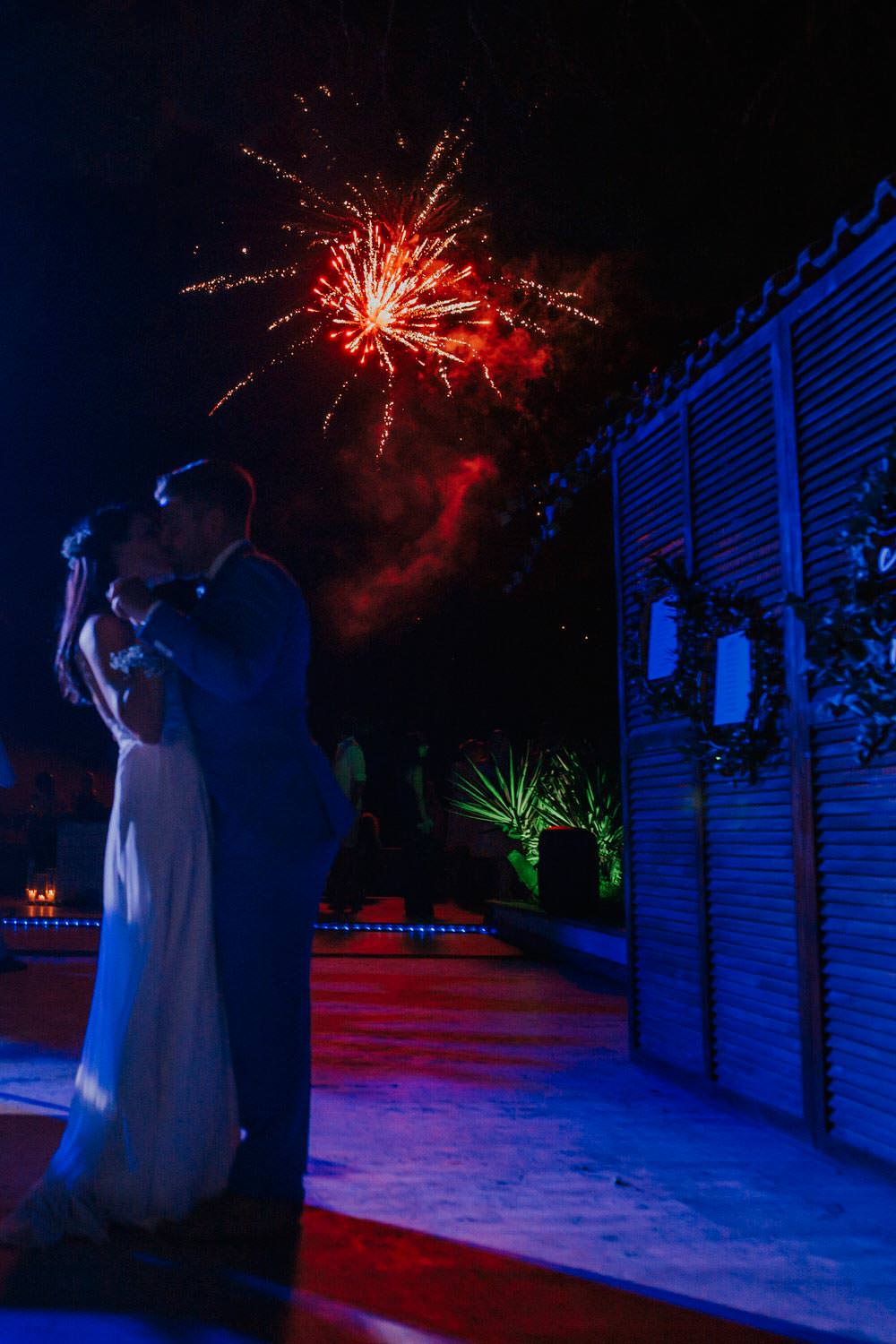 Fireworks Bohemian Beach Greece Destination Wedding Lighthouse Photography