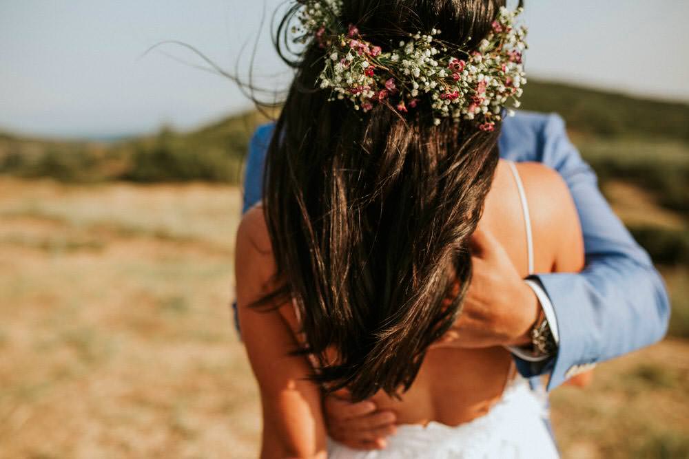 Bride Bridal Hair Flowers Loose Waves Half Up Down Bohemian Beach Greece Destination Wedding Lighthouse Photography