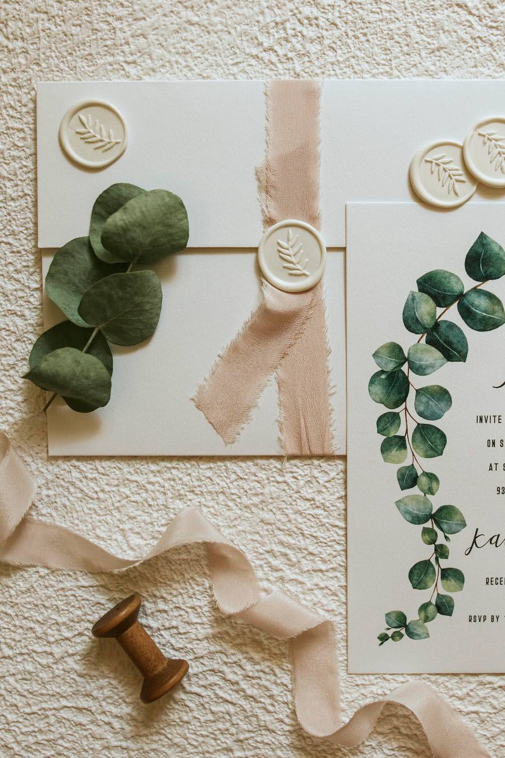 Stationery Invites Invitations Greenery Botanical Ribbons Wax Seal Flat Lay Bohemian Beach Greece Destination Wedding Lighthouse Photography