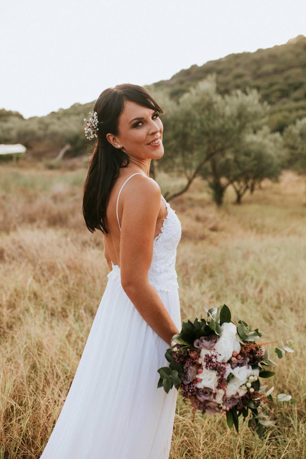 Dress Gown Bride Bridal Grace Loves Lace Tara Straps Train Bohemian Beach Greece Destination Wedding Lighthouse Photography
