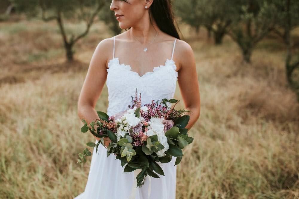 Bouquet Flowers Bride Bridal Pink Greenery Foliage Astilbe Rose Berry Bohemian Beach Greece Destination Wedding Lighthouse Photography