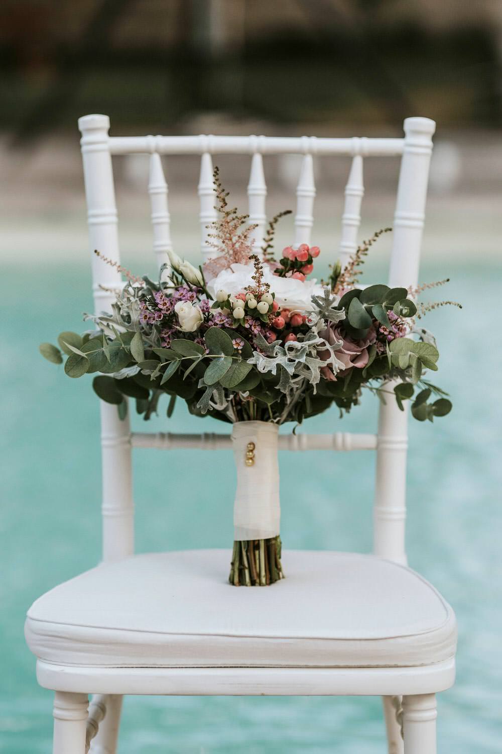 Bouquet Flowers Bride Bridal Pink Greenery Foliage Astilbe Rose Berry Bohemian Beach Greece Destination Wedding Lighthouse Photography