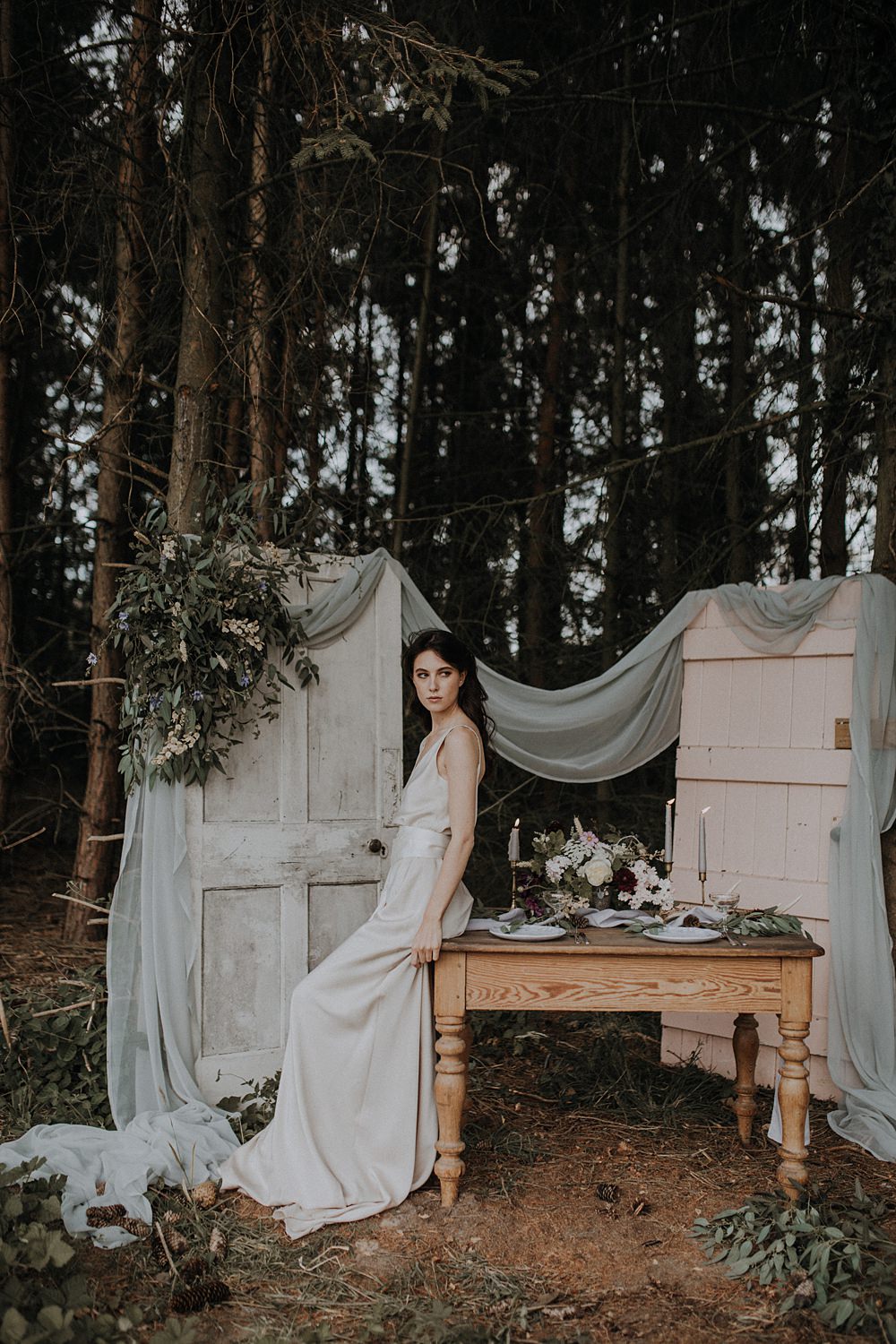 Table Tablescape Outdoors Grey Fabric Greenery Foliage Doors Antique Decor Backdrop Bohemian Woodland Wedding Ideas Lola Rose Photography