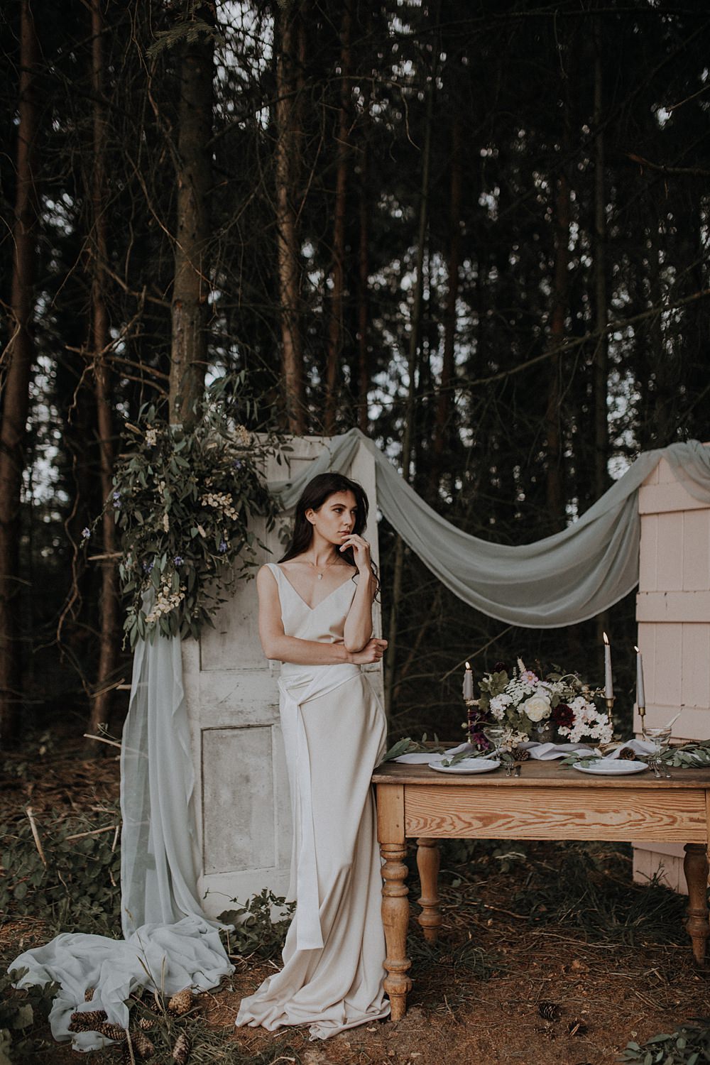 Table Tablescape Outdoors Grey Fabric Greenery Foliage Doors Antique Decor Backdrop Bohemian Woodland Wedding Ideas Lola Rose Photography