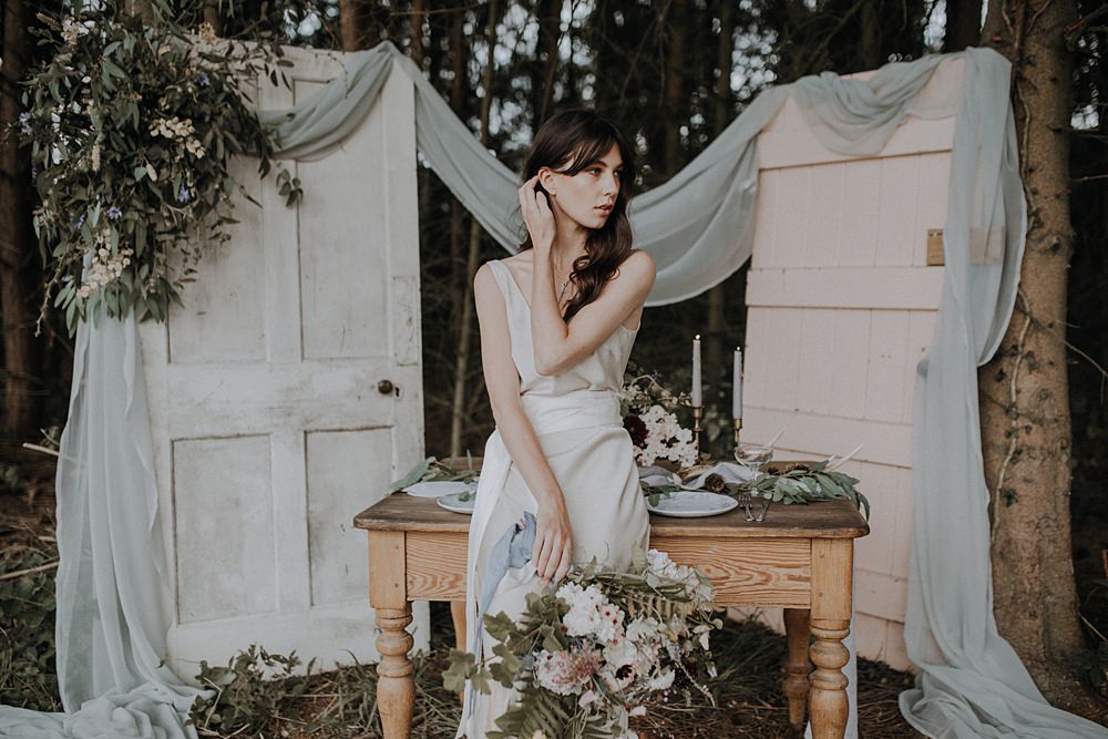 Table Tablescape Outdoors Grey Fabric Greenery Foliage Doors Antique Decor Backdrop Bohemian Woodland Wedding Ideas Lola Rose Photography