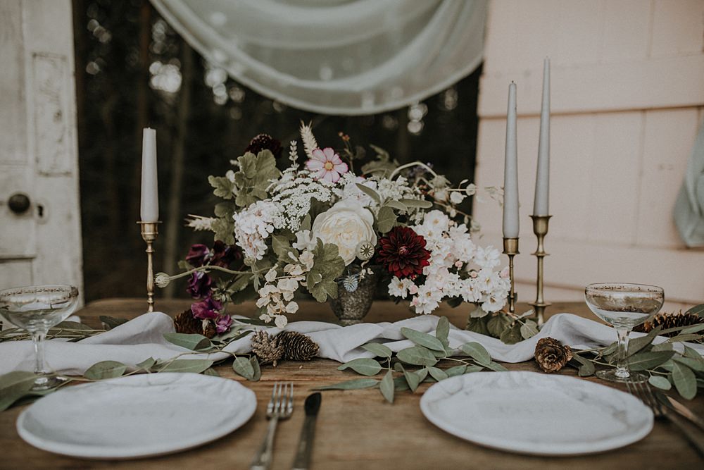 Table Flowers Tablescape Wild Natural Arrangement Candles Bohemian Woodland Wedding Ideas Lola Rose Photography