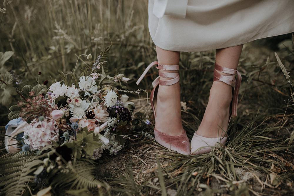 Pink Blush Velvet Shoes Tie Ribbon Bohemian Woodland Wedding Ideas Lola Rose Photography