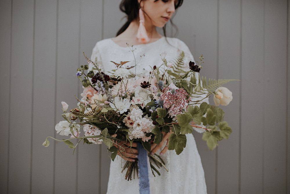 Bouquet Flowers Bride Bridal Wild Natural Whimsical Ribbons Foliage Greenery Hydrangea Berry Sweetpeas Ferns Rose Bohemian Woodland Wedding Ideas Lola Rose Photography