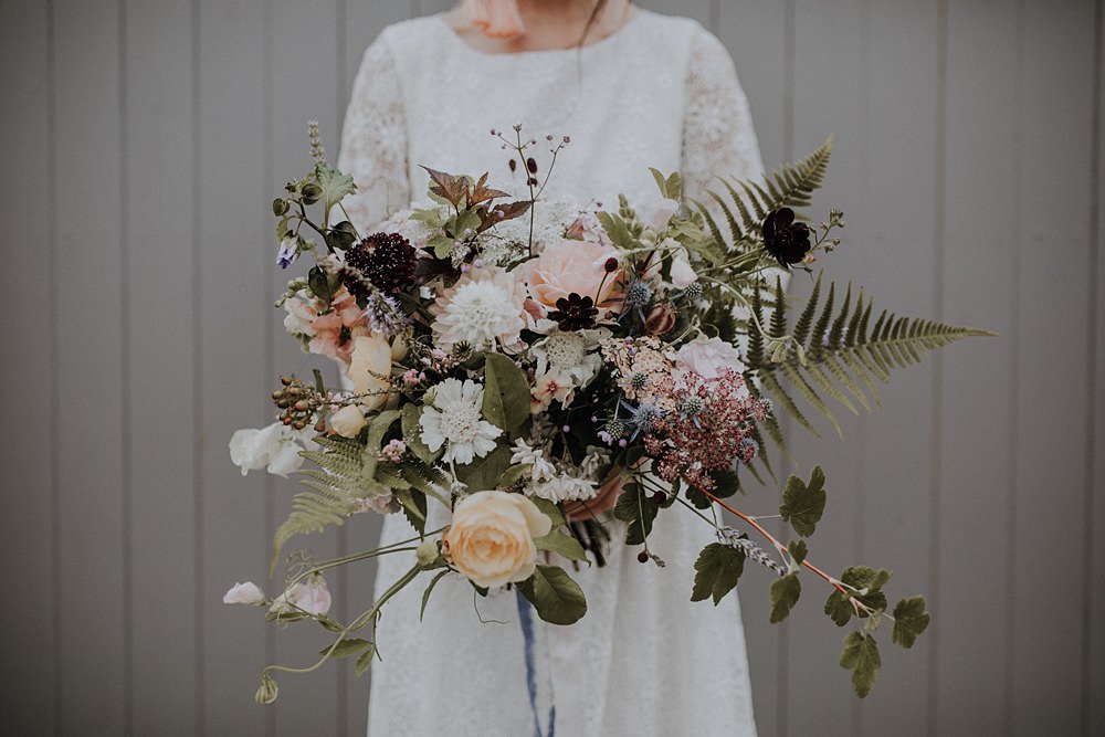 Bouquet Flowers Bride Bridal Wild Natural Whimsical Ribbons Foliage Greenery Hydrangea Berry Sweetpeas Ferns Rose Dahlia Bohemian Woodland Wedding Ideas Lola Rose Photography