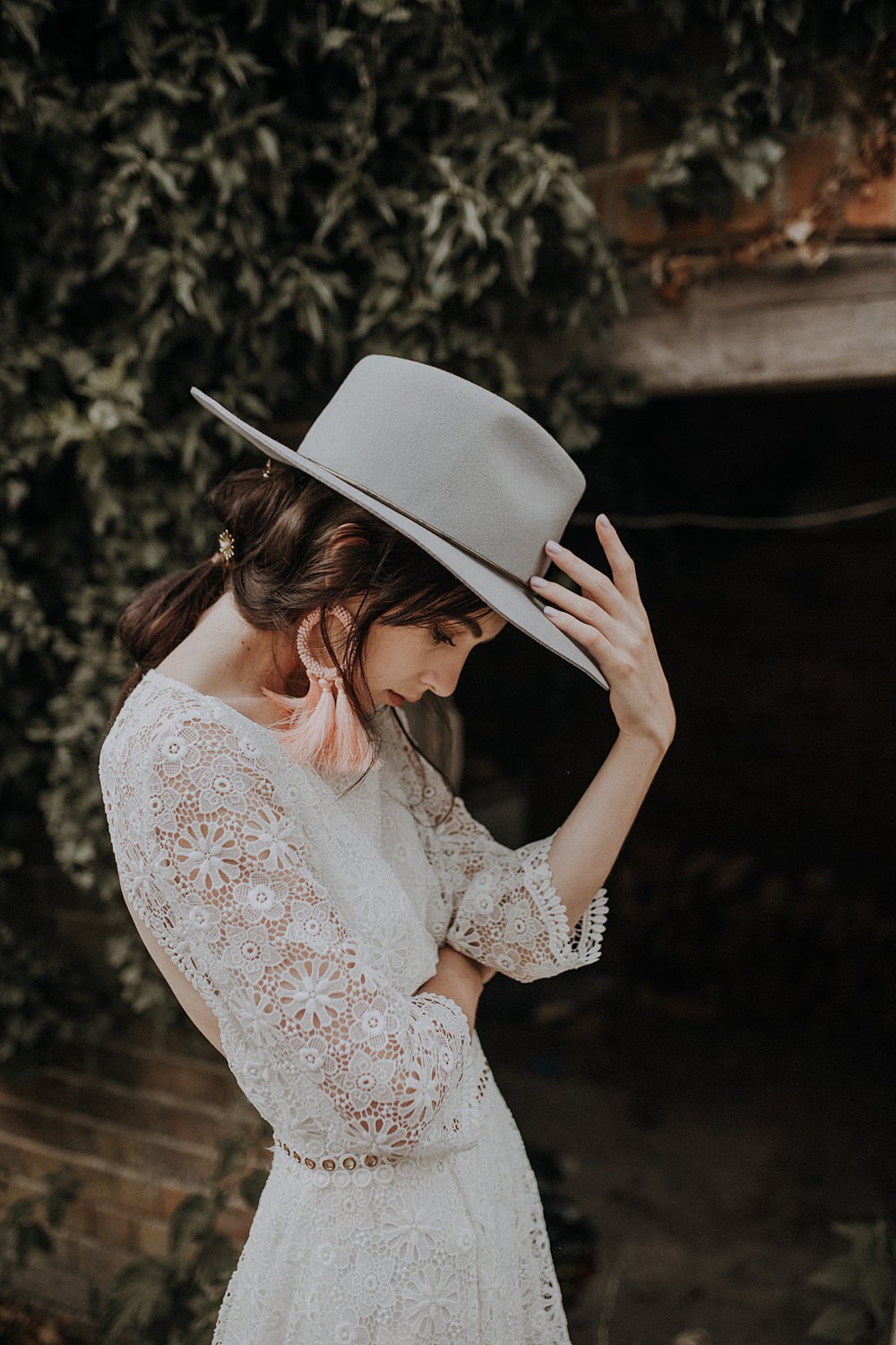 boho wedding dress with hat Boho Bridal Hat and a Fringe Wedding Dress