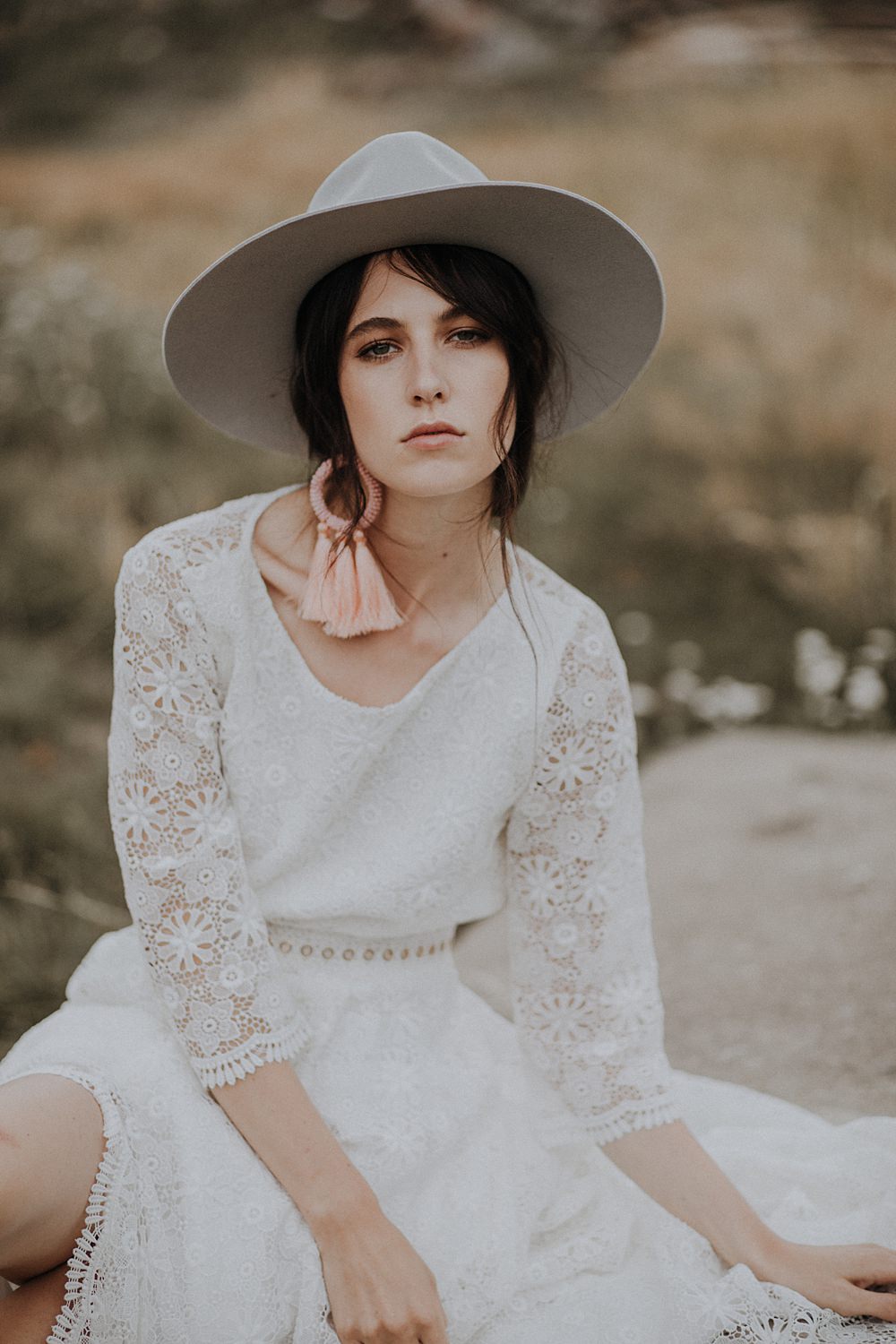 Bride Bridal Fedora Hat Grey Accessory Tassel Earrings Bohemian Woodland Wedding Ideas Lola Rose Photography