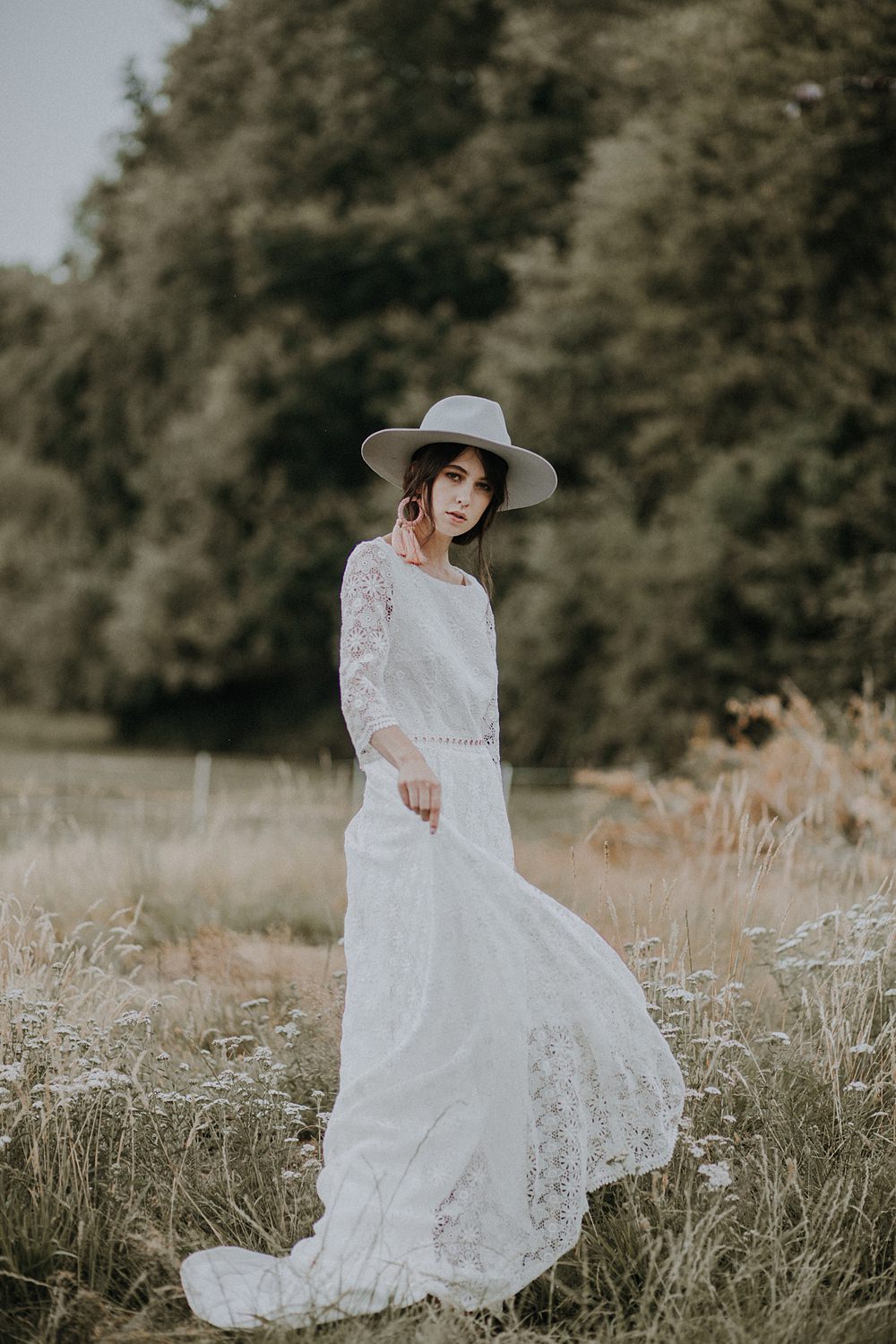 Dress Gown Bride Bridal Crochet Lace Sleeves Open Back Bohemian Woodland Wedding Ideas Lola Rose Photography